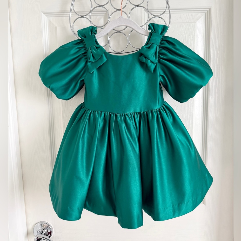 Janie & Jack The Satin Holiday Dress Emerald Green | Toddler 18-24m - Picture 3 of 14